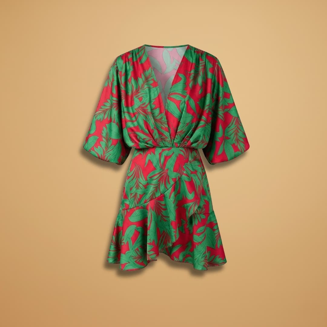 Luísa | Vestido Curto Tropical Mulher Manga Bati Franzido
