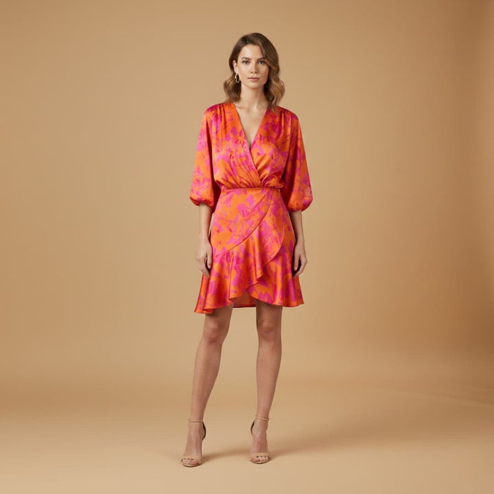 Luísa | Vestido Curto Tropical Mulher Manga Bati Franzido