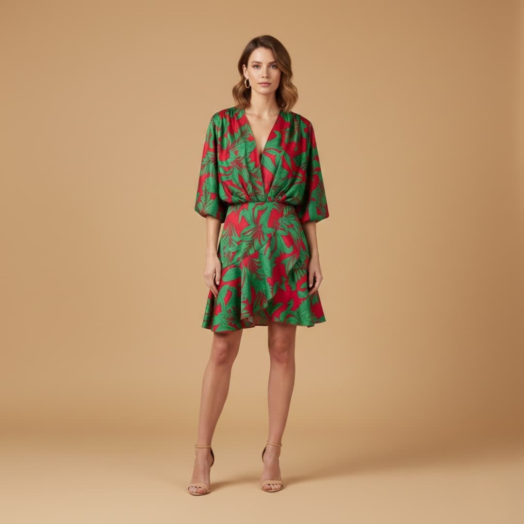 Luísa | Vestido Curto Tropical Mulher Manga Bati Franzido