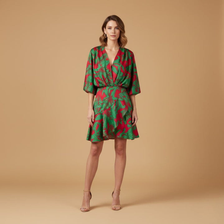 Luísa | Vestido Curto Tropical Mulher Manga Bati Franzido