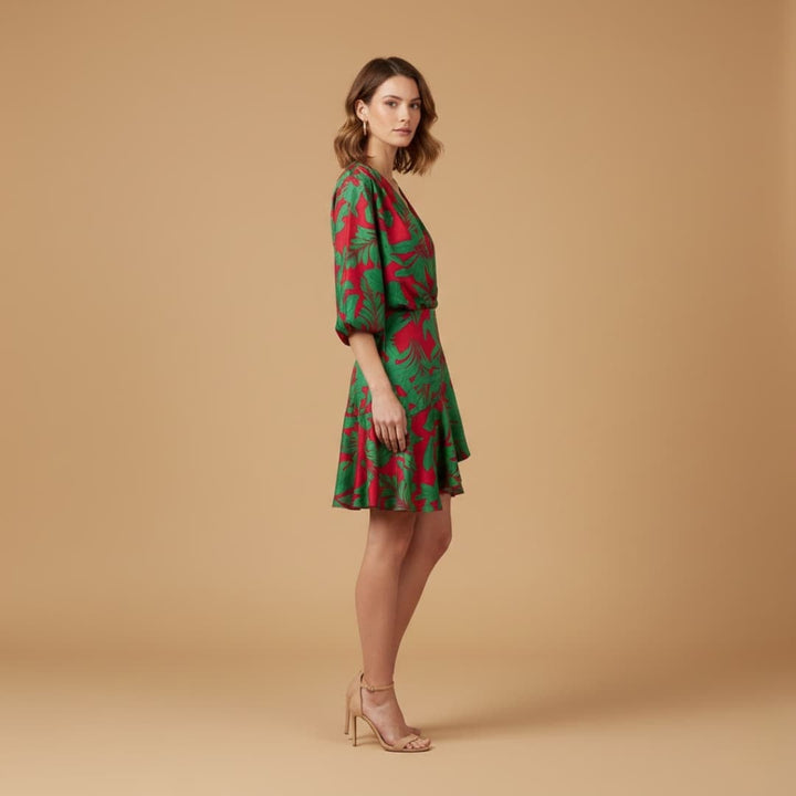 Luísa | Vestido Curto Tropical Mulher Manga Bati Franzido
