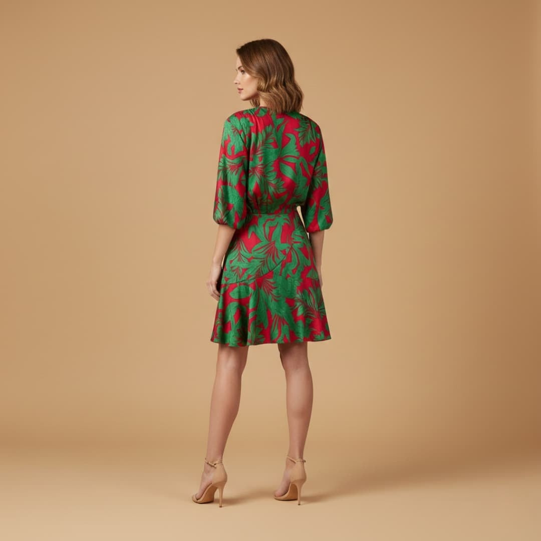 Luísa | Vestido Curto Tropical Mulher Manga Bati Franzido