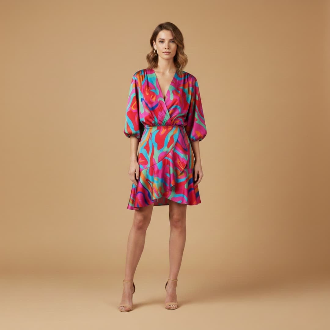 Luísa | Vestido Curto Tropical Mulher Manga Bati Franzido