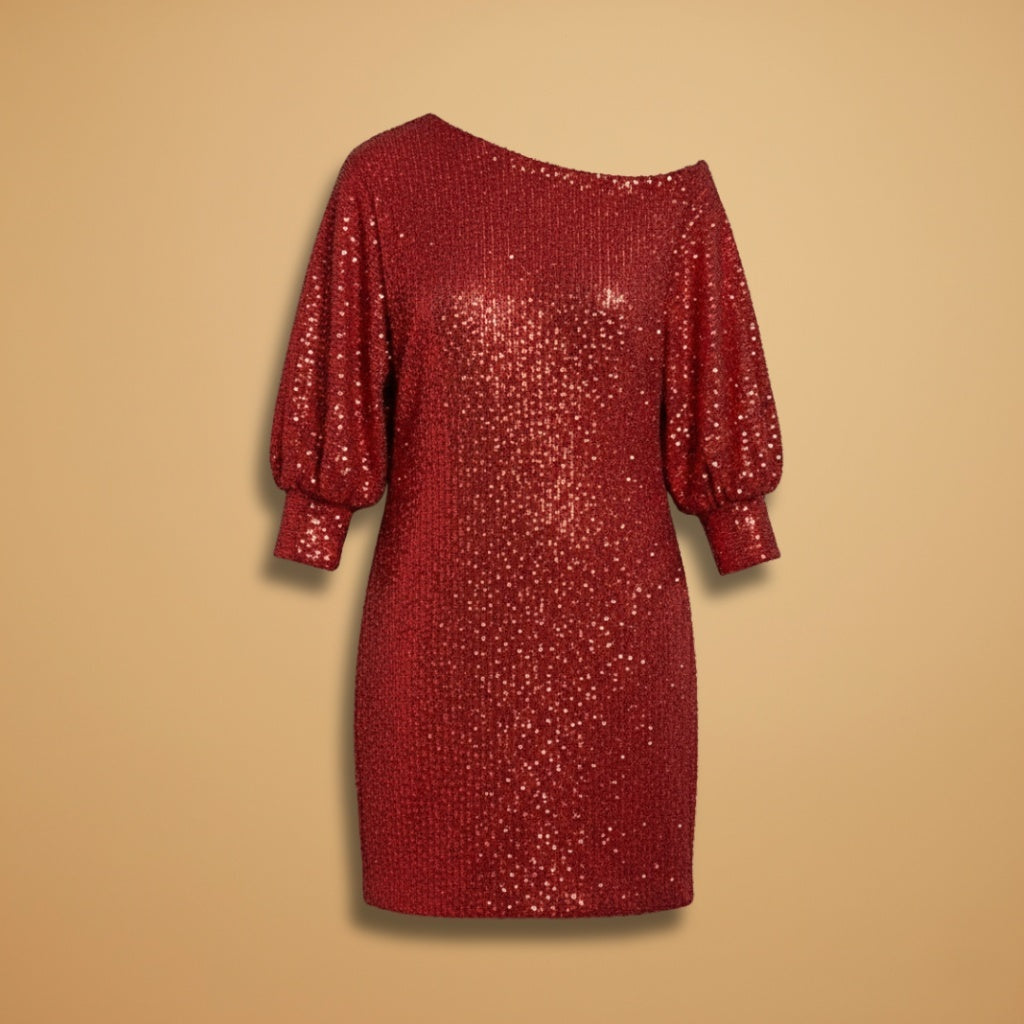 Núria | Vestido de Festa Lantejoulas Mulher Decote Ombro