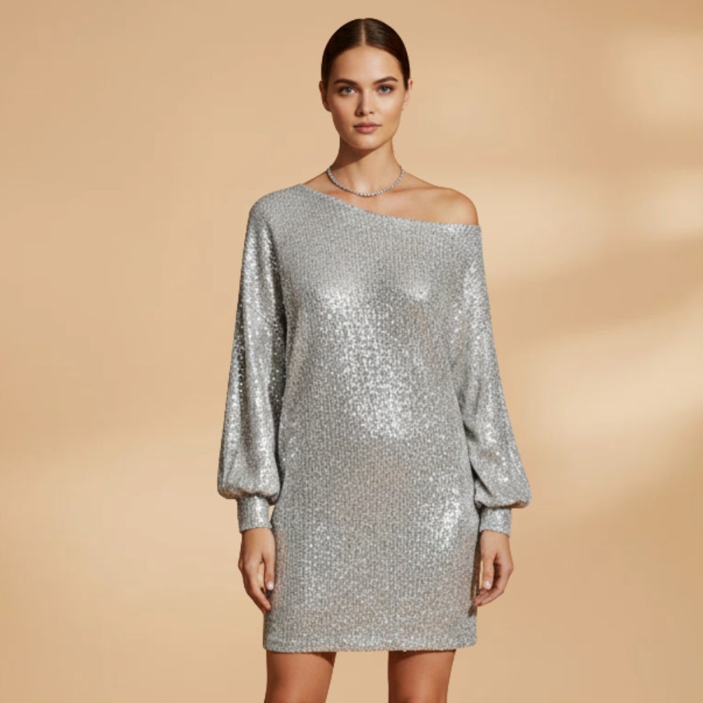 Núria | Vestido de Festa Lantejoulas Mulher Decote Ombro
