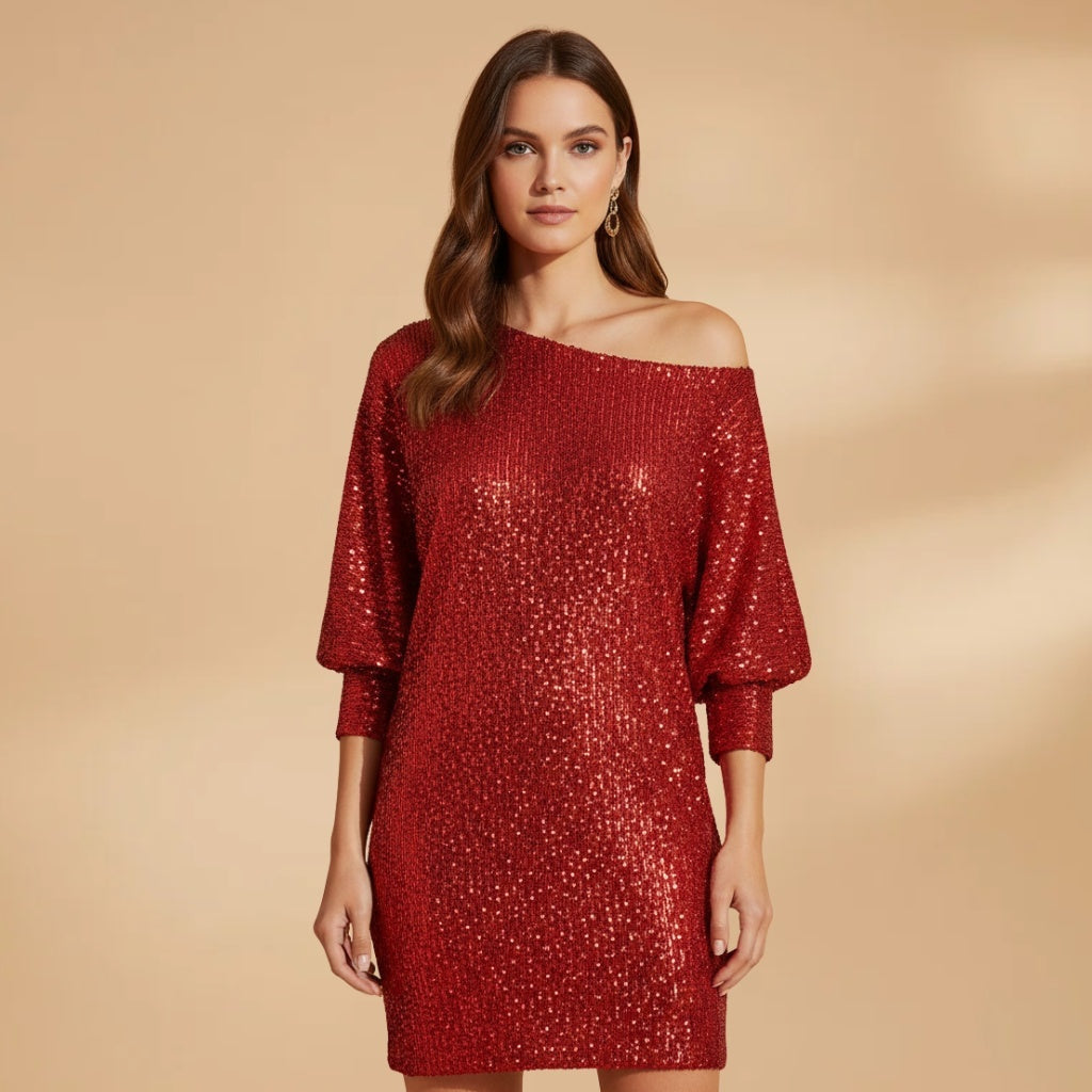 Núria | Vestido de Festa Lantejoulas Mulher Decote Ombro