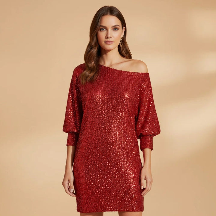 Núria | Vestido de Festa Lantejoulas Mulher Decote Ombro