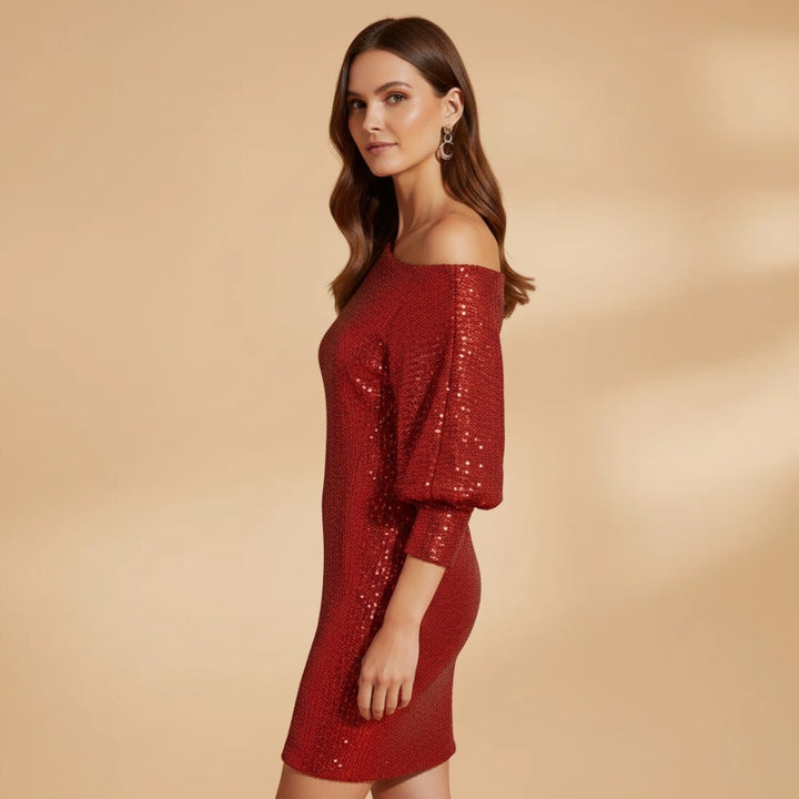 Núria | Vestido de Festa Lantejoulas Mulher Decote Ombro