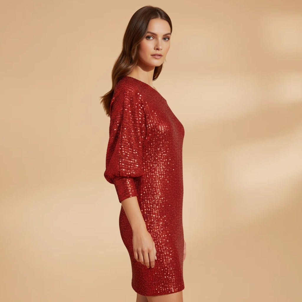 Núria | Vestido de Festa Lantejoulas Mulher Decote Ombro
