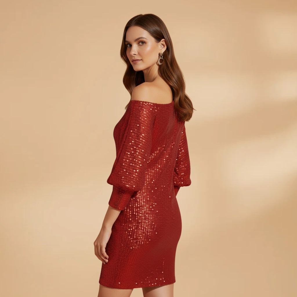 Núria | Vestido de Festa Lantejoulas Mulher Decote Ombro