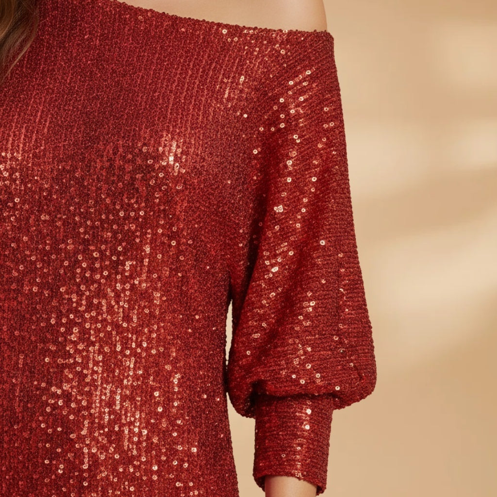 Núria | Vestido de Festa Lantejoulas Mulher Decote Ombro