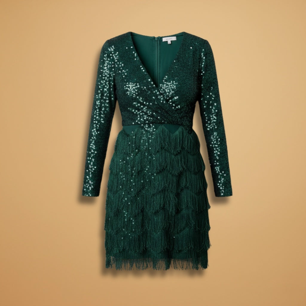 Núria | Vestido de Festa Lantejoulas Mulher Manga Comprida Decote V