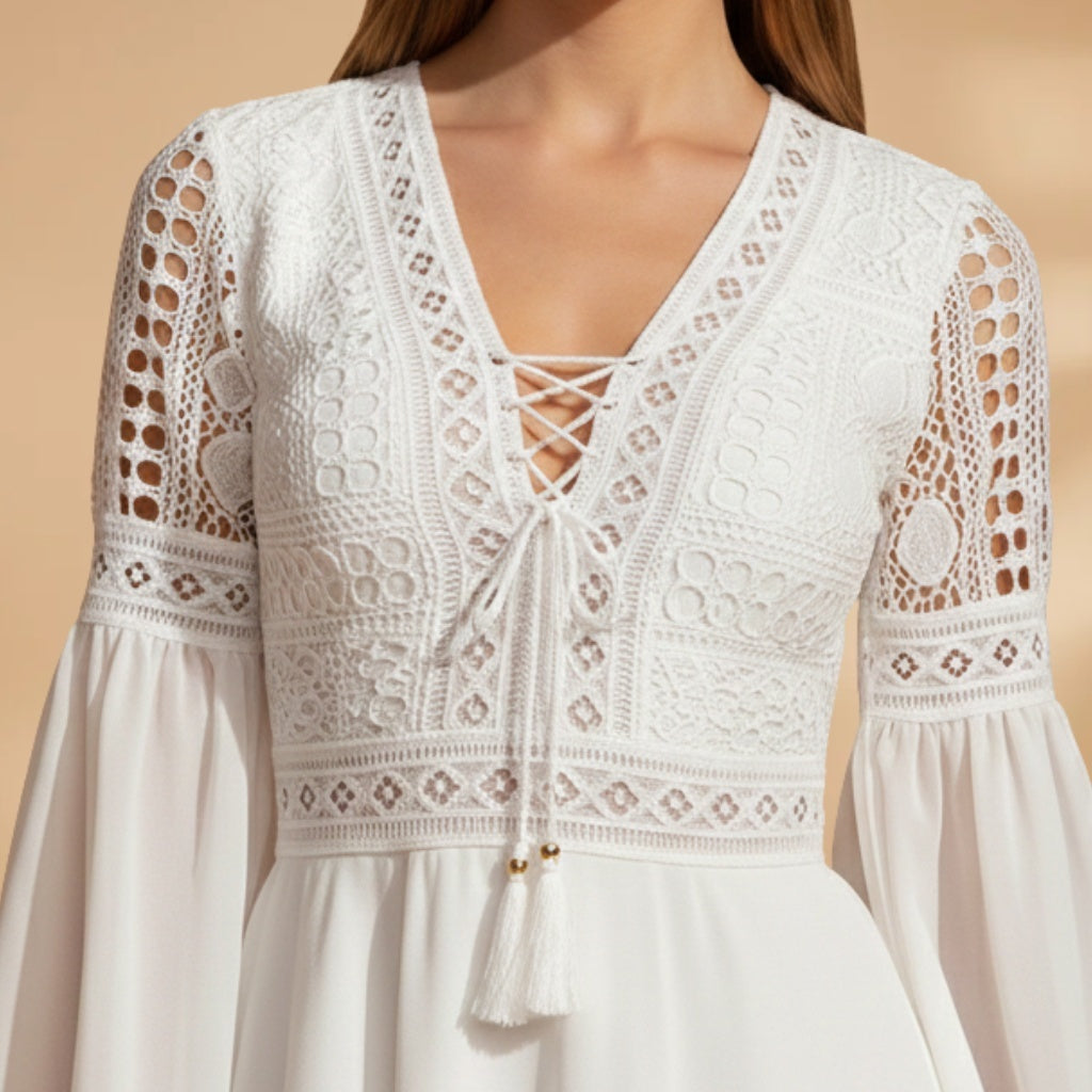 Diana | Vestido de Renda Manga Trompete Mulher Decote V