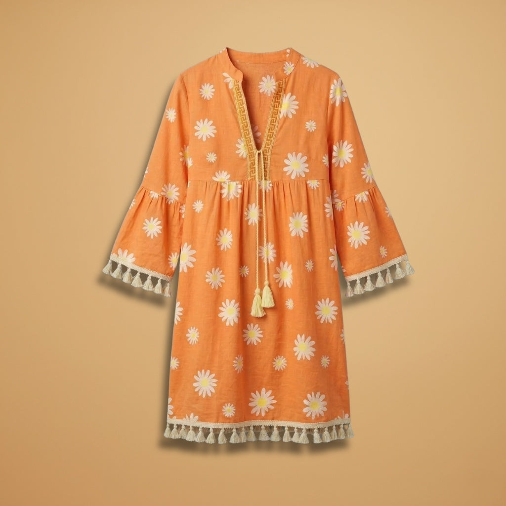 Rosa | Vestido de Verão Estampado Mulher Decote V Borlas
