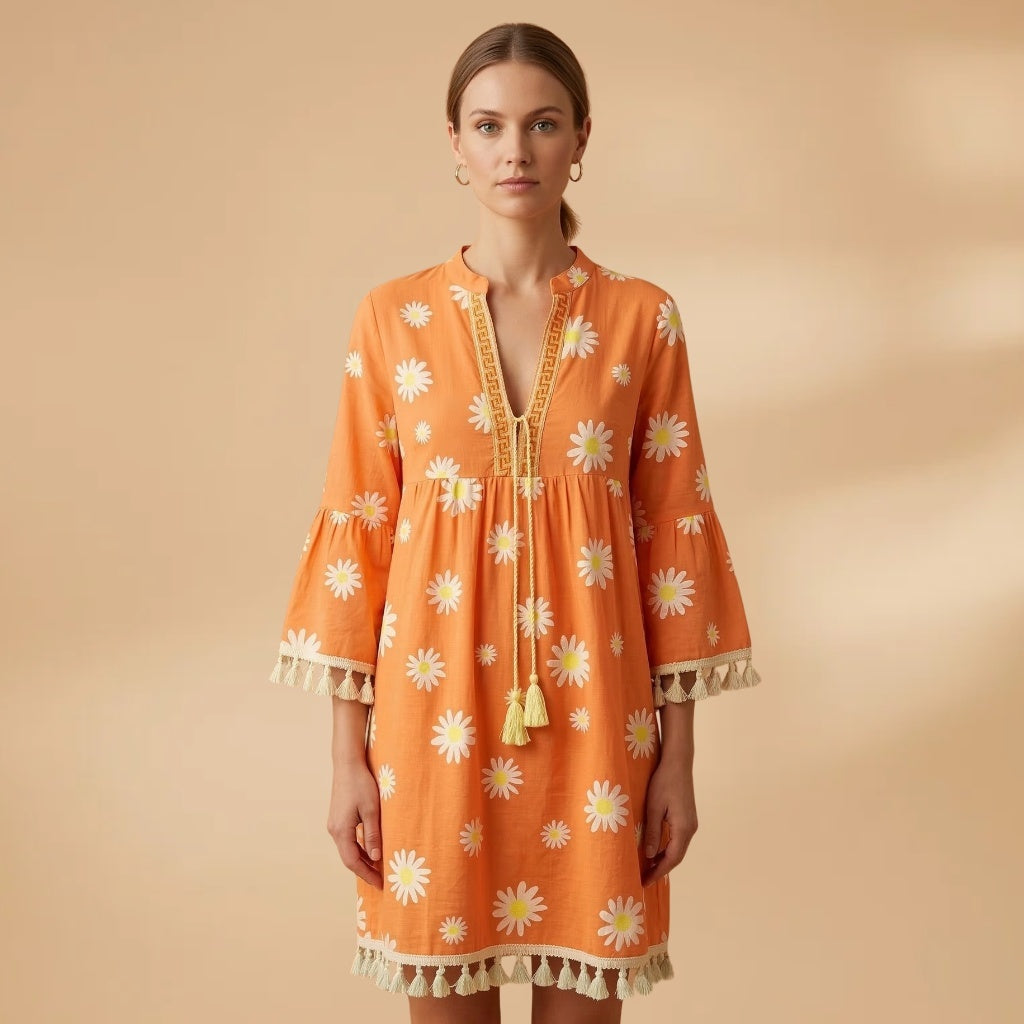 Rosa | Vestido de Verão Estampado Mulher Decote V Borlas