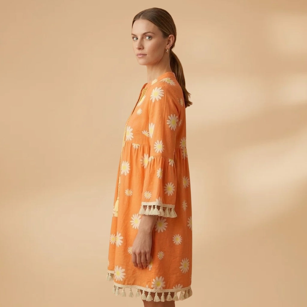 Rosa | Vestido de Verão Estampado Mulher Decote V Borlas