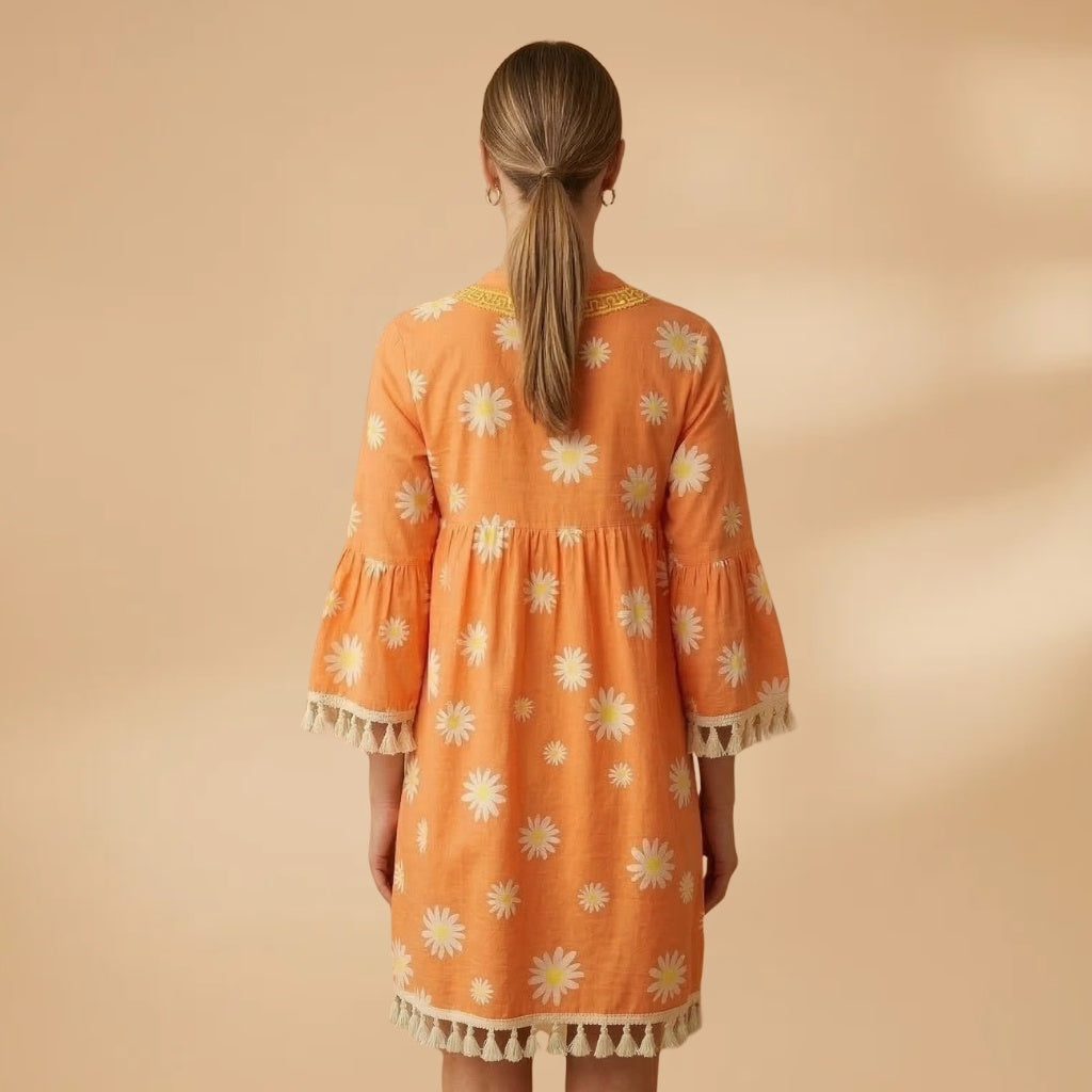 Rosa | Vestido de Verão Estampado Mulher Decote V Borlas