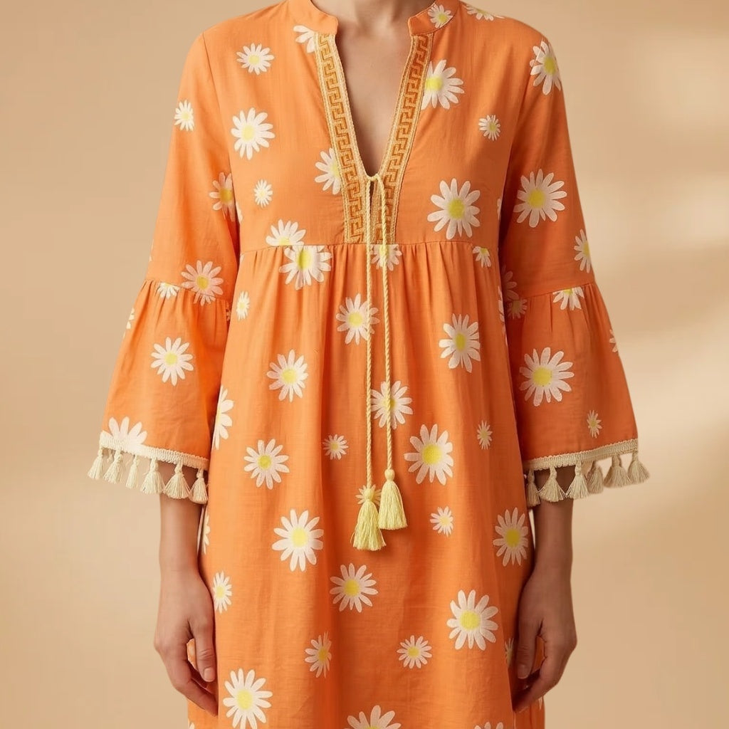 Rosa | Vestido de Verão Estampado Mulher Decote V Borlas