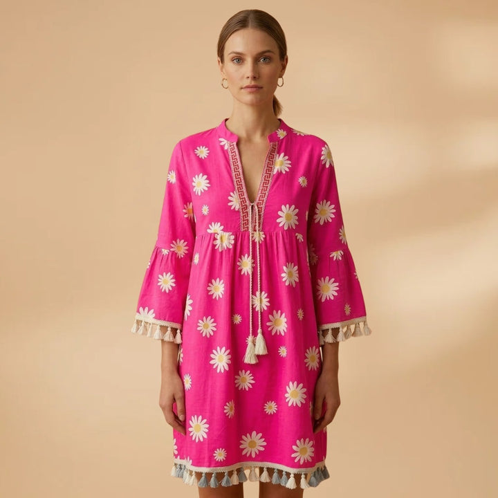 Rosa | Vestido de Verão Estampado Mulher Decote V Borlas