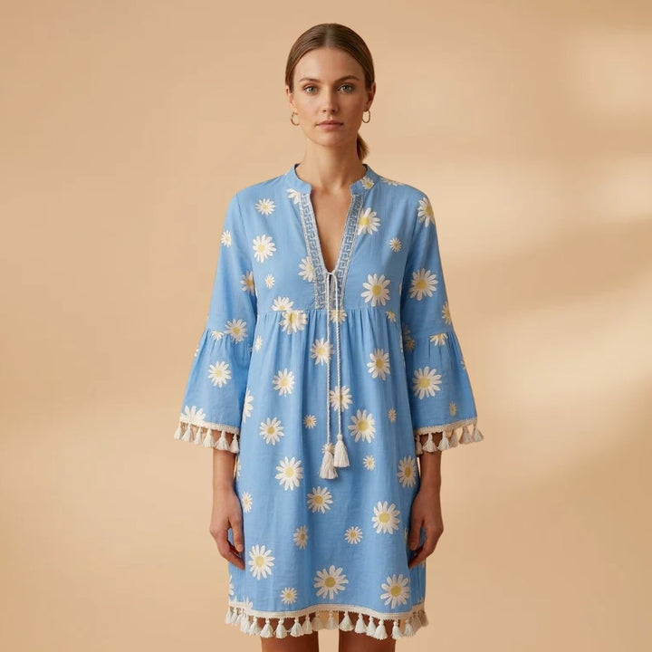 Rosa | Vestido de Verão Estampado Mulher Decote V Borlas