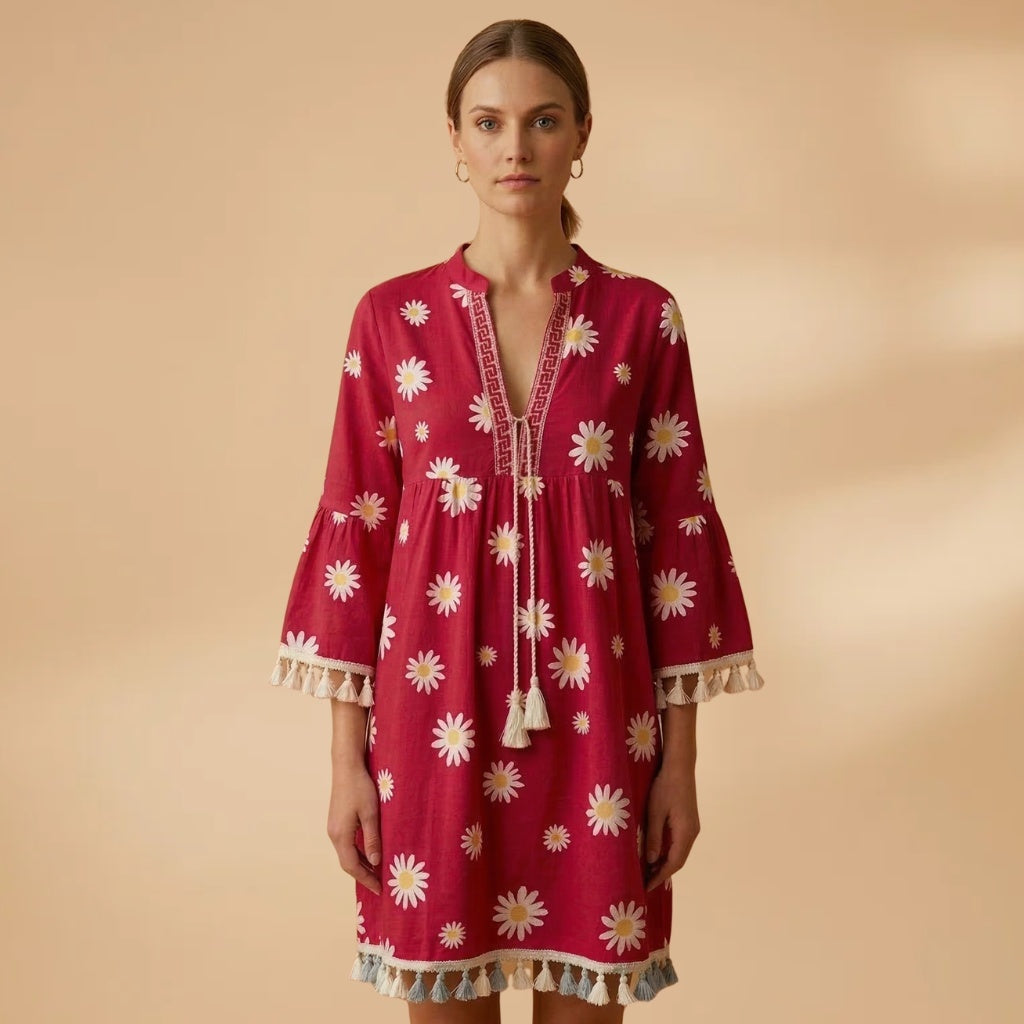 Rosa | Vestido de Verão Estampado Mulher Decote V Borlas