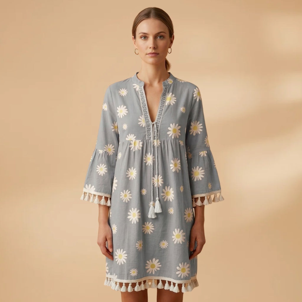 Rosa | Vestido de Verão Estampado Mulher Decote V Borlas