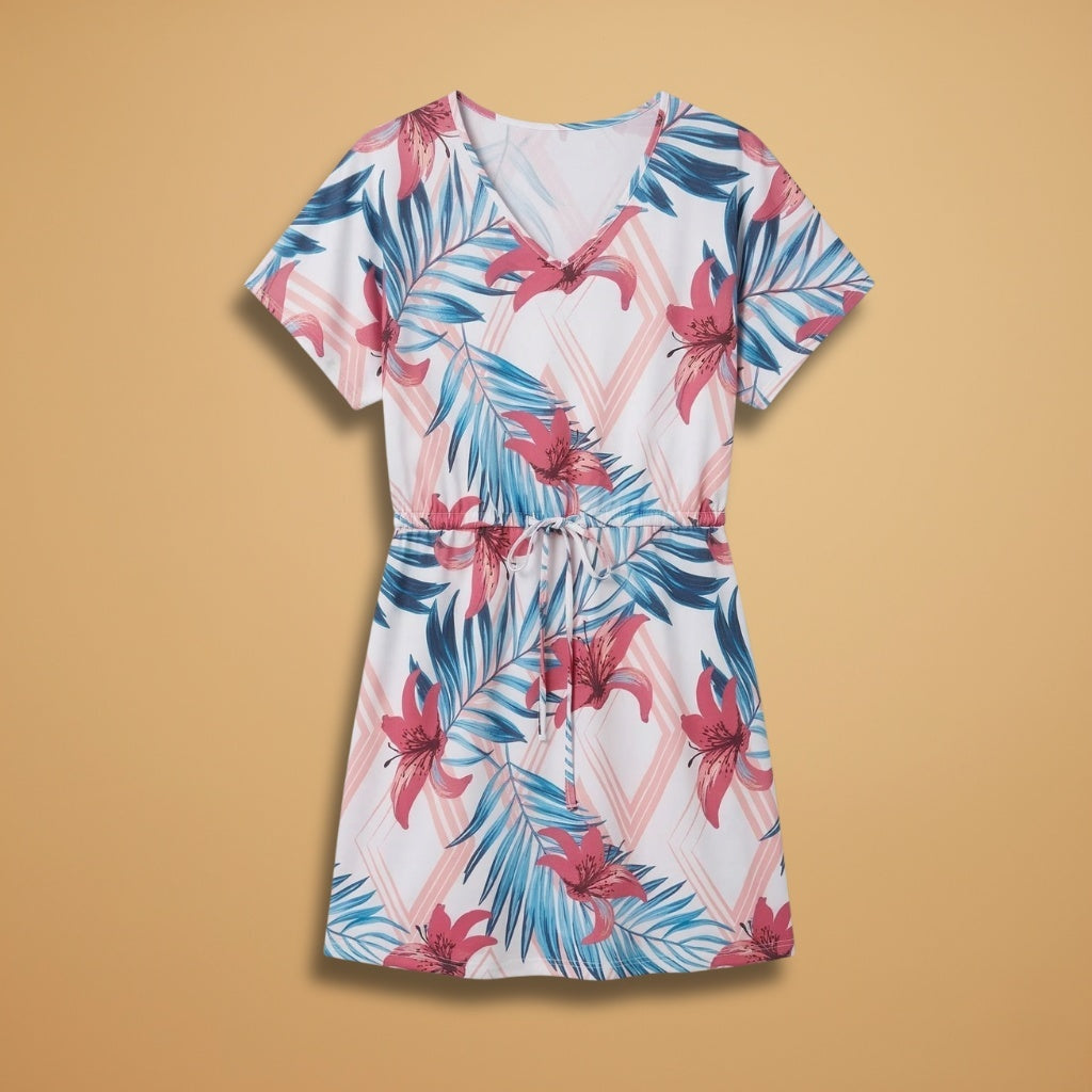 Vera | Vestido de Verão Estampado Tropical Mulher Decote V