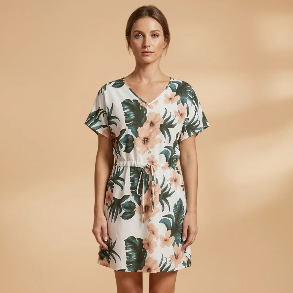 Vera | Vestido de Verão Estampado Tropical Mulher Decote V