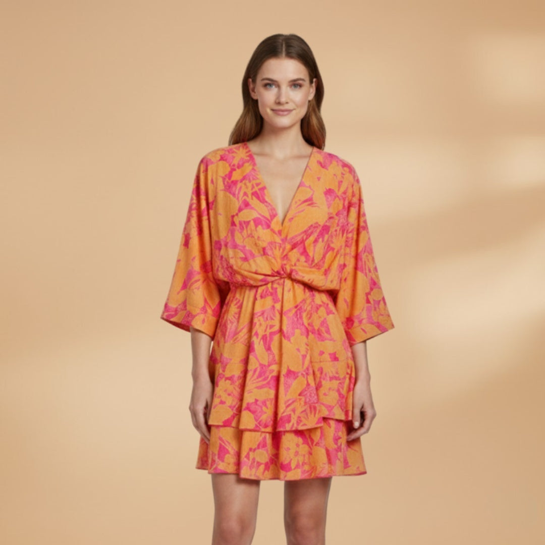 Helena | Vestido Envelope de Verão Mulher Estampado Folhos
