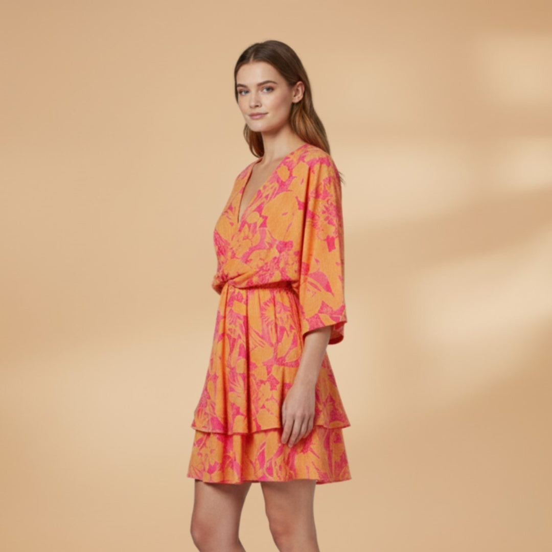 Helena | Vestido Envelope de Verão Mulher Estampado Folhos