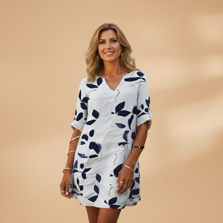 Dulce | Vestido Estampado Folhas Manga Curta Mulher