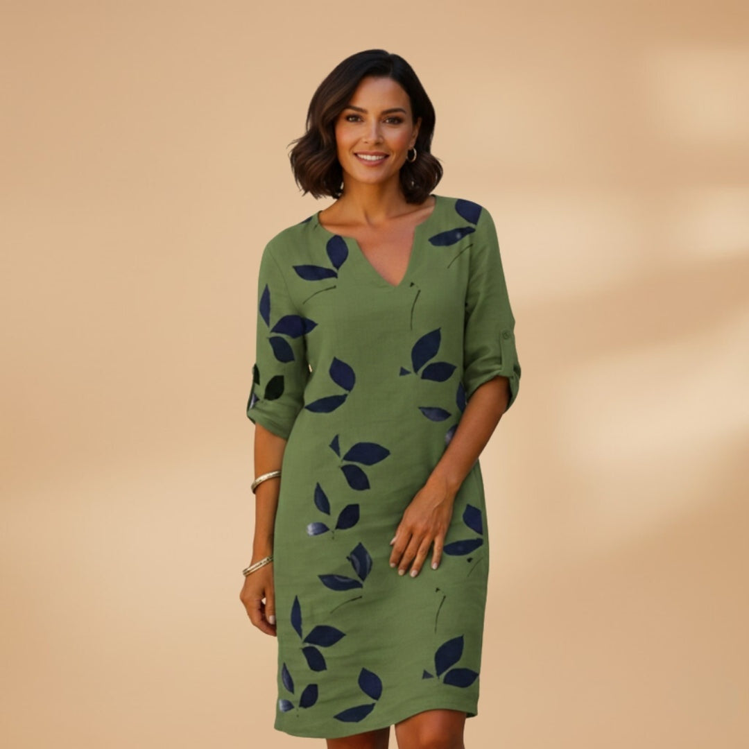 Dulce | Vestido Estampado Folhas Manga Curta Mulher