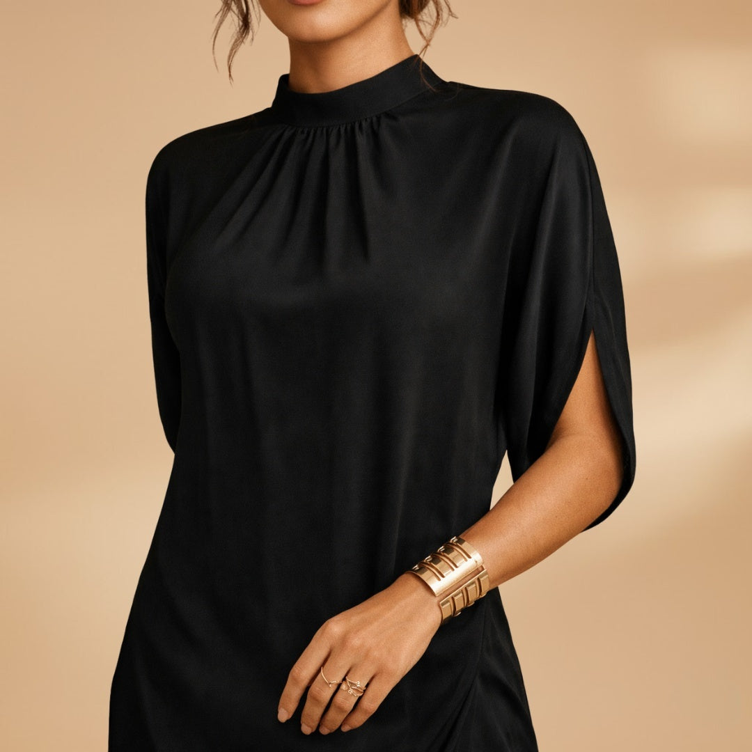 Luísa | Vestido Gola Alta Manga Curta Mulher Drapeado