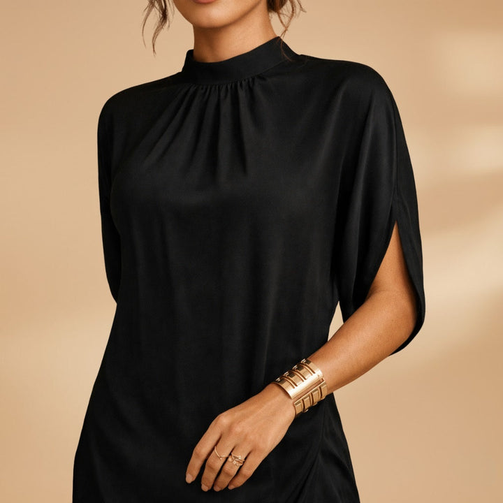 Luísa | Vestido Gola Alta Manga Curta Mulher Drapeado