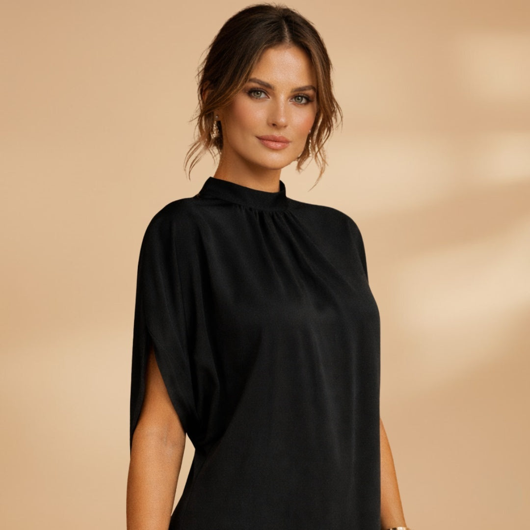 Luísa | Vestido Gola Alta Manga Curta Mulher Drapeado