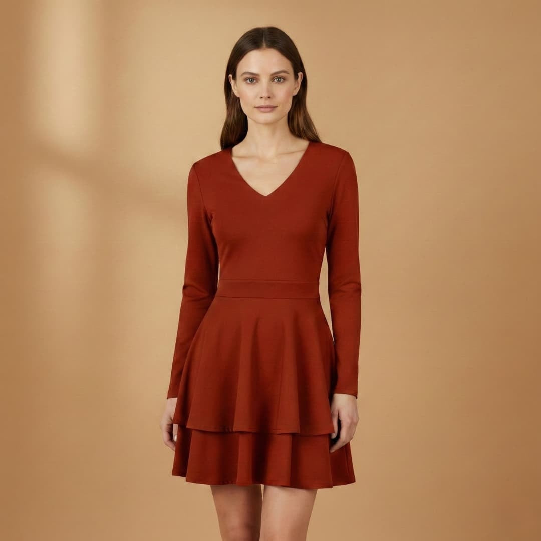 Leonor | Vestido Manga Comprida Decote V Mulher Saia Volants