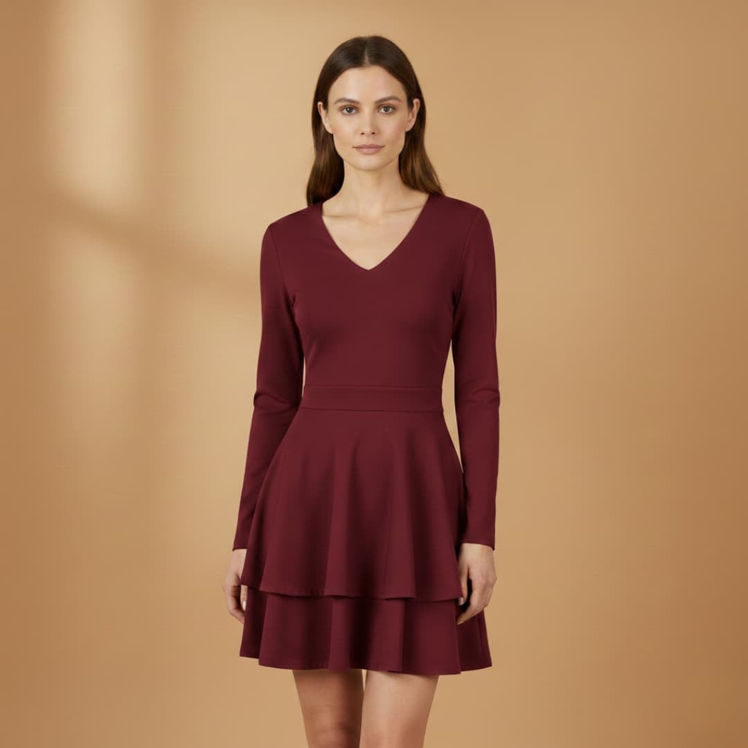 Leonor | Vestido Manga Comprida Decote V Mulher Saia Volants