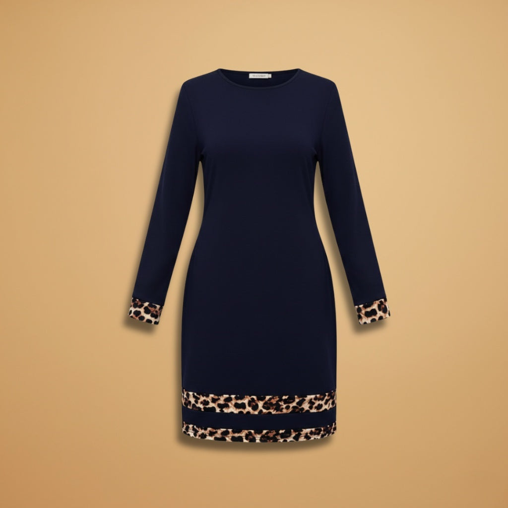 Cláudia | Vestido Manga Comprida Leopardo Mulher Decote Redondo