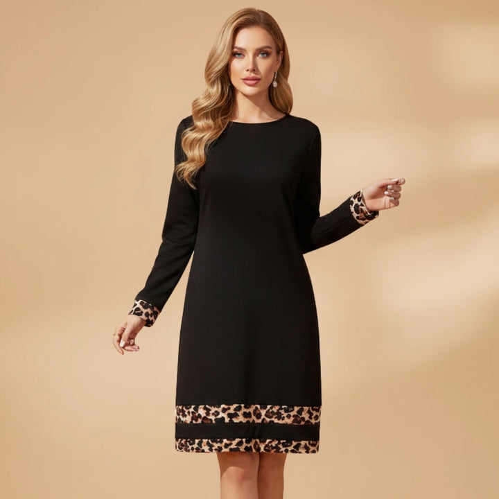 Cláudia | Vestido Manga Comprida Leopardo Mulher Decote Redondo