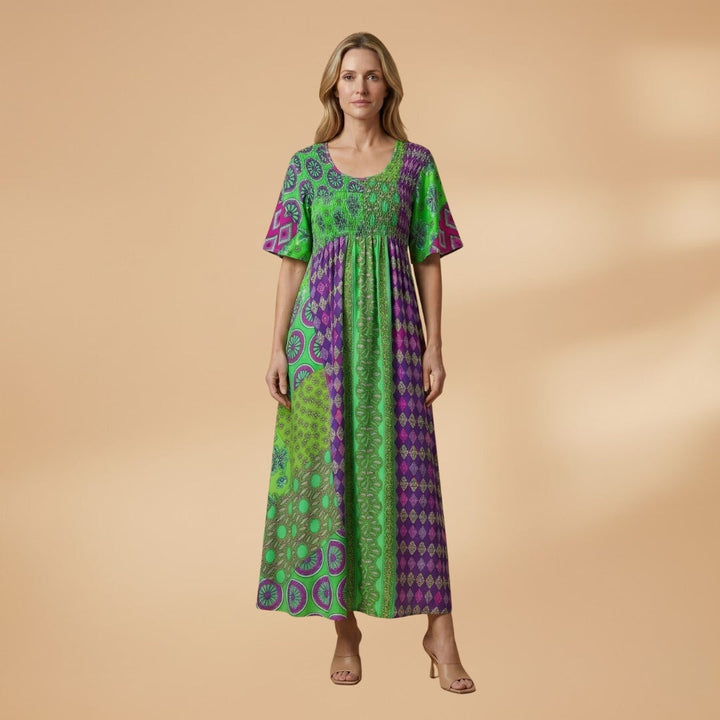 Amélia | Vestido Maxi Estampado Mulher Manga Curta