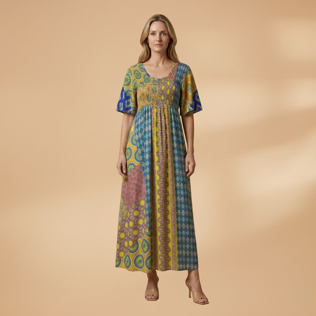 Amélia | Vestido Maxi Estampado Mulher Manga Curta