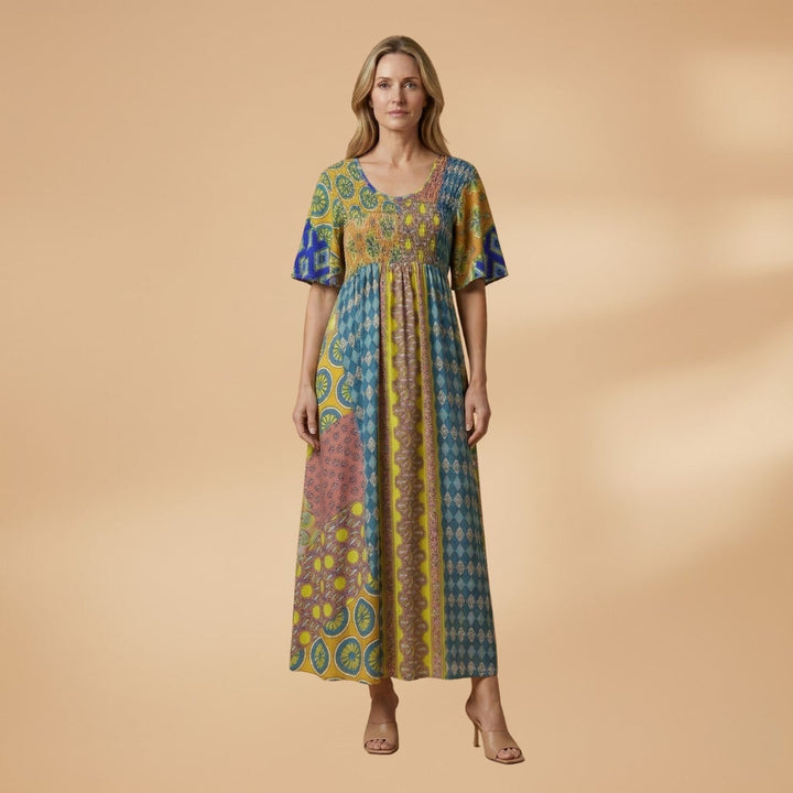 Amélia | Vestido Maxi Estampado Mulher Manga Curta