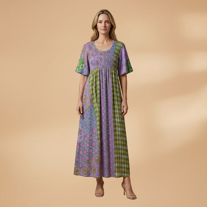 Amélia | Vestido Maxi Estampado Mulher Manga Curta