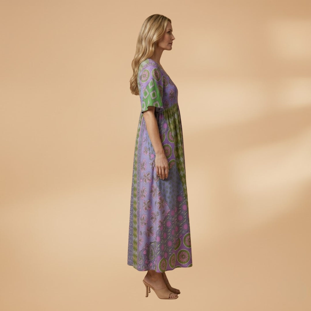 Amélia | Vestido Maxi Estampado Mulher Manga Curta