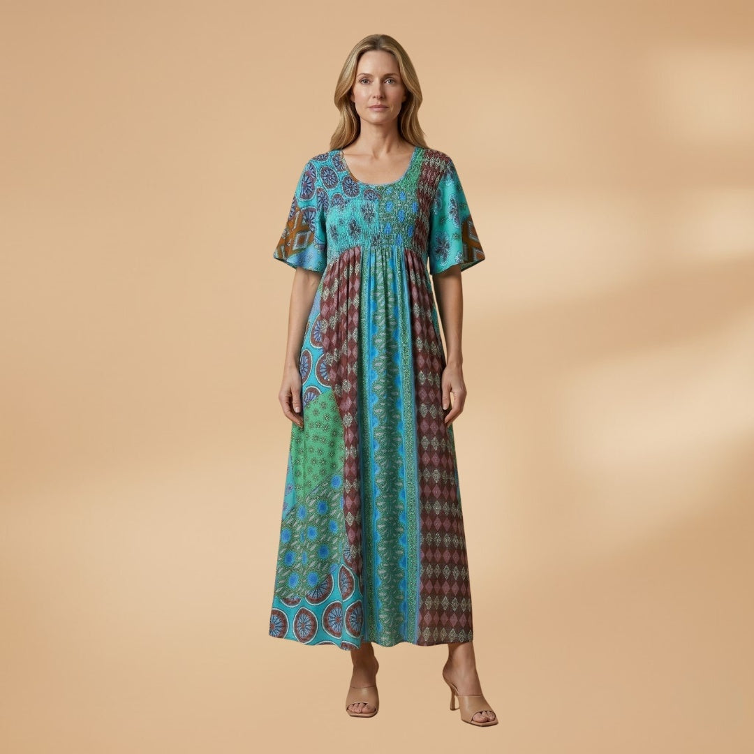 Amélia | Vestido Maxi Estampado Mulher Manga Curta