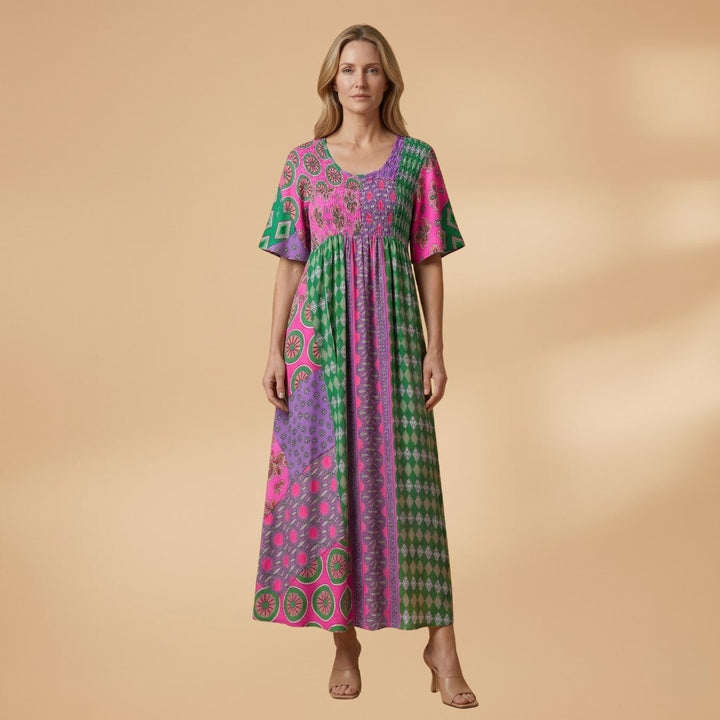 Amélia | Vestido Maxi Estampado Mulher Manga Curta