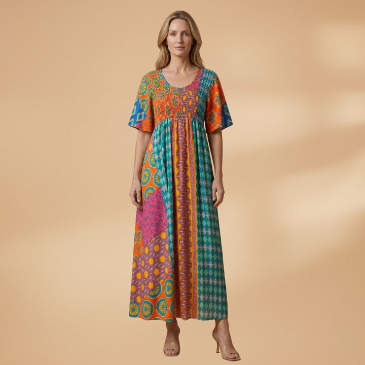 Amélia | Vestido Maxi Estampado Mulher Manga Curta