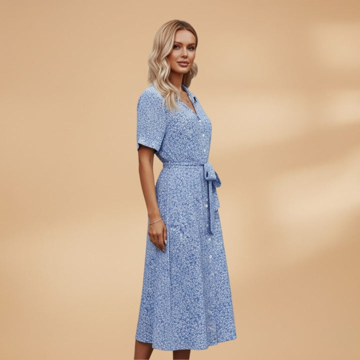 Raquel | Vestido Midi Camiseiro Estampado Mulher Decote V