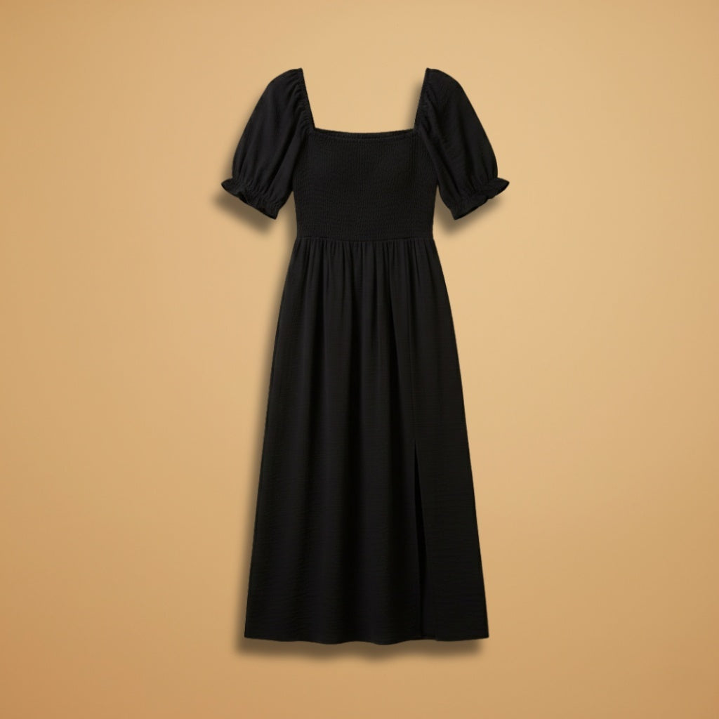Adriana | Vestido Midi Corpete Pregueado Mulher Mangas Bufantes