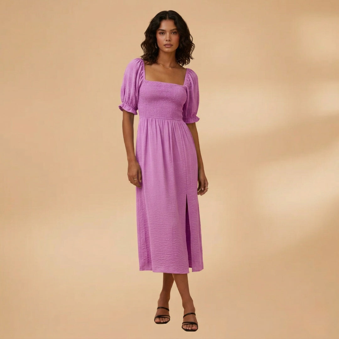 Adriana | Vestido Midi Corpete Pregueado Mulher Mangas Bufantes